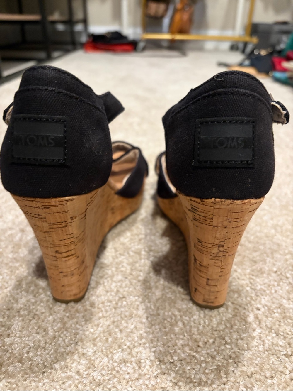 TOMS Black Cork Wedge Sandals with Ankle Strap - Picture 4 of 7